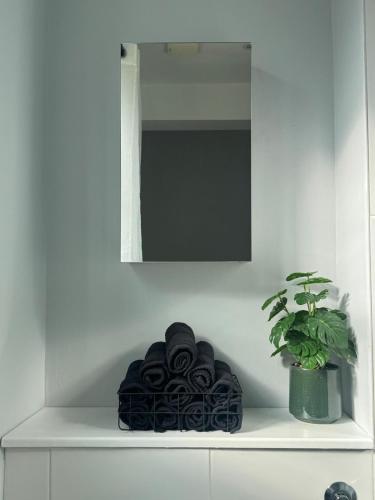 a shelf with a mirror and a plant on it at Roseleigh Cottage in the Heart of Cookham in Cookham