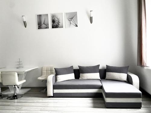 a living room with a couch and a table at Belvárosi Apartman in Miskolc