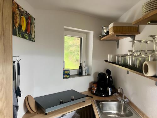 a small kitchen with a sink and a window at Haus an der Ache in Fieberbrunn