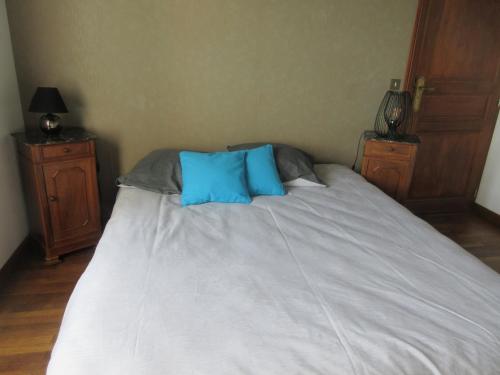 a bed with two blue pillows on top of it at En vallée charolaise in Viry
