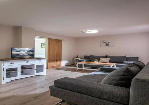 a living room with a couch and a tv at Alpenhotel Edelweiss in Maurach