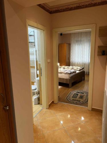 a room with a bedroom with a bed and a doorway at Cristian Apartman III Hajdúszoboszló in Hajdúszoboszló