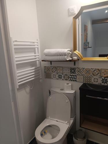 a small bathroom with a toilet and a mirror at studio maisonette in Eysines