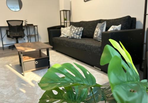 a living room with a black couch and a table at Spacious Apartment with Balcony - nearby Schlosspark - APOLONIAliving in Karlsruhe