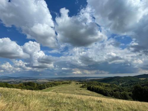 a view of a field under a cloudy sky at Drewniany dom w brzozowisku in Pieszyce