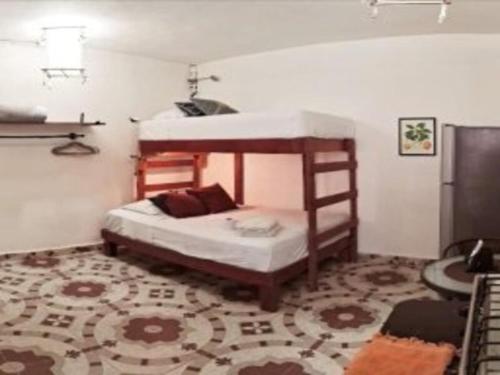 a bedroom with two bunk beds and a carpet at Cozy Studio Wkitchen Isla Mujeres Punta Norte in Isla Mujeres