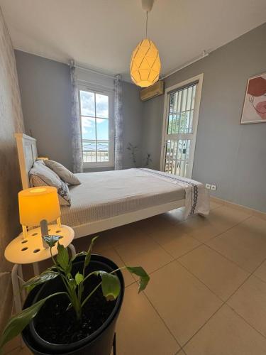 a bedroom with a bed and a potted plant at Rayon de vacances T3 spacieux et bien équipé in La Possession