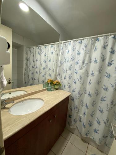 ein Badezimmer mit Waschbecken und Duschvorhang in der Unterkunft santiago apart in Santiago