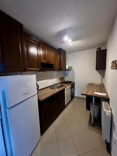 a kitchen with a white refrigerator and wooden cabinets at Apartments K.I.D.S. in Vlasic
