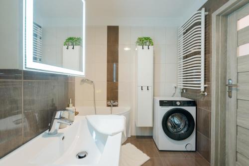a bathroom with a sink and a washing machine at BATOREGO FLATS No 13 Pszczyna - Walk to Castle - Apartment with Parking, Balcony, Elevator, Fast WiFi in Pszczyna