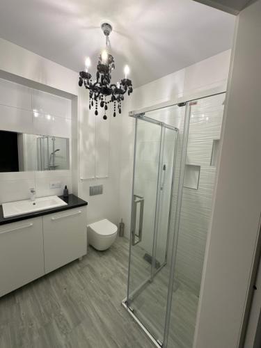 MichałkiにあるDom Michałki Luksusowa willa z ogrodemのバスルーム(ガラス張りのシャワー、シャンデリア付)