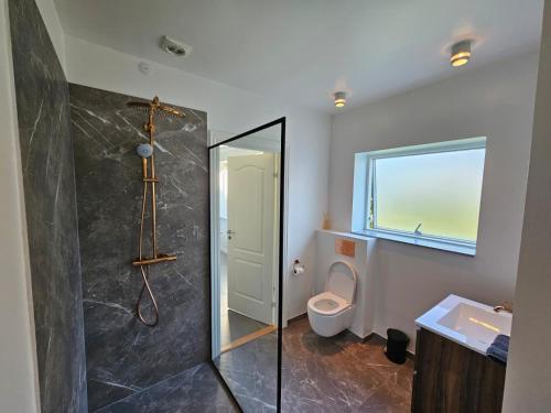 a bathroom with a shower and a toilet and a sink at Lovely room near train&airport in Copenhagen