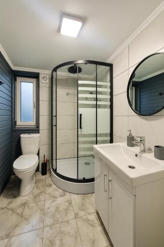 a bathroom with a shower and a toilet and a sink at DubOk in Yaremche