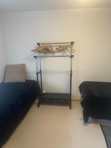 a room with two beds and a shelf on the wall at Chambre chez AidArt in Port-Valais