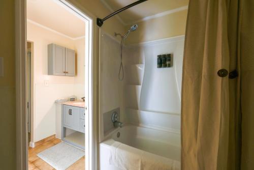 a bathroom with a shower and a sink at 9 Mi to UAB Tranquil Remote-Work Escape! in Wisteria Commons