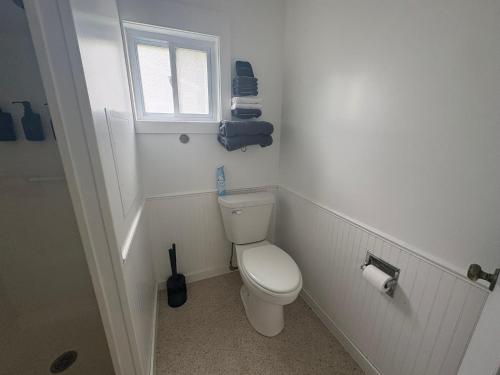 a white bathroom with a toilet and a window at Pleasant Valley Resort in Arcadia