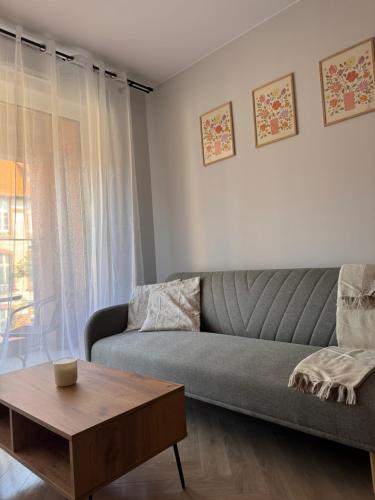 a living room with a couch and a coffee table at Apartament Bergera Olive Hill-2 pokoje in Poznań