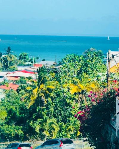 a view of a city with palm trees and the ocean at Chambre d'Hôtes Caïpi in Le Gosier