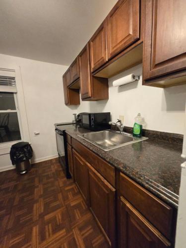 a kitchen with wooden cabinets and a sink at Grand House in Chicago
