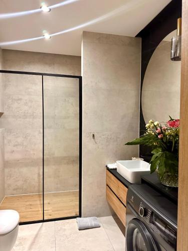 a bathroom with a sink and a washing machine at Notting Hill Apartament in Rzeszów