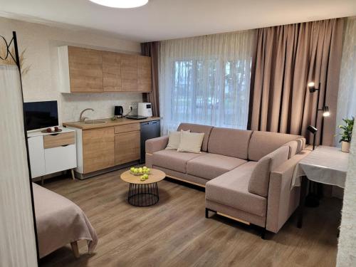 a living room with a couch and a kitchen at Nelly's Suite in Jēkabpils