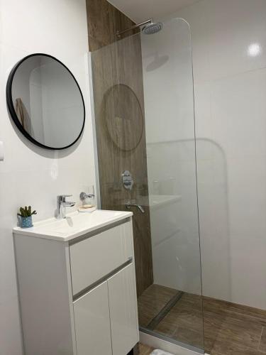 a bathroom with a shower with a sink and a mirror at Mono 611 in Neuquén