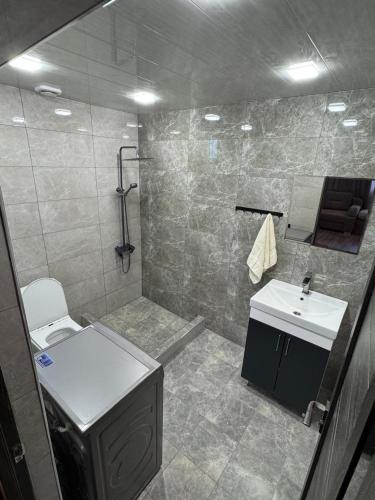 une salle de bain avec un lavabo, des toilettes et une douche dans l'établissement Good Home in Dendropark, à Stepanavan