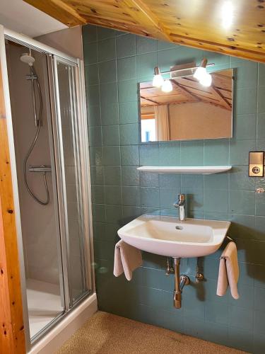 a bathroom with a sink and a shower at Haus Kanisfluh in Au im Bregenzerwald