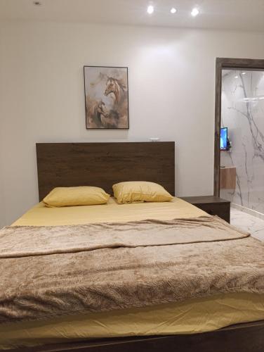 a bedroom with a large bed with a wooden headboard at studio in villa in Asyut