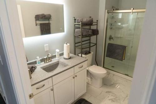 a bathroom with a toilet and a sink and a shower at Modern 3BDRM, Renovated, Spacious & Central in Evansville