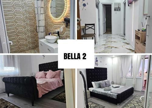eine Collage mit Fotos von einem Wohnzimmer und einem Schlafzimmer in der Unterkunft Bella 2 Lupeni in Lupeni