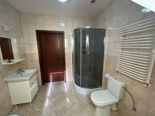 un bagno con doccia, WC e lavandino di Chata na Bani w Starej Morawie a #N/A