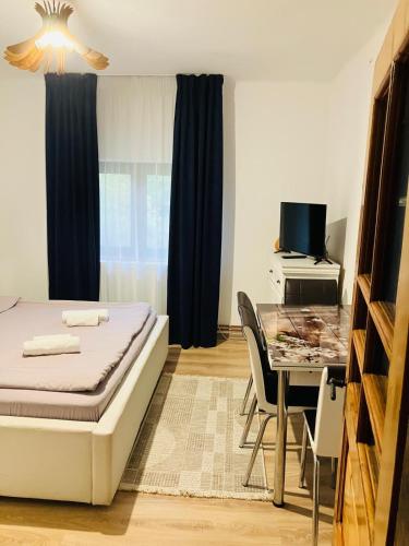 a bedroom with a bed and a desk and a table at Pensiunea Agroturistica Cerna, Vaideeni - Polovragi in Vaideeni