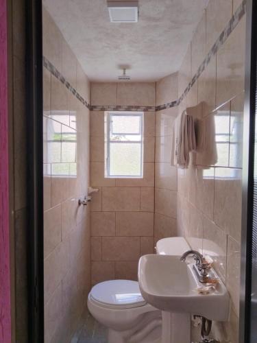 a bathroom with a toilet and a sink at HOTEL SOL in Guadalajara
