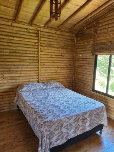 a bedroom with a bed in a wooden room at Cabina con Jacuzzi cerca al Peñol in Chiquinquirá