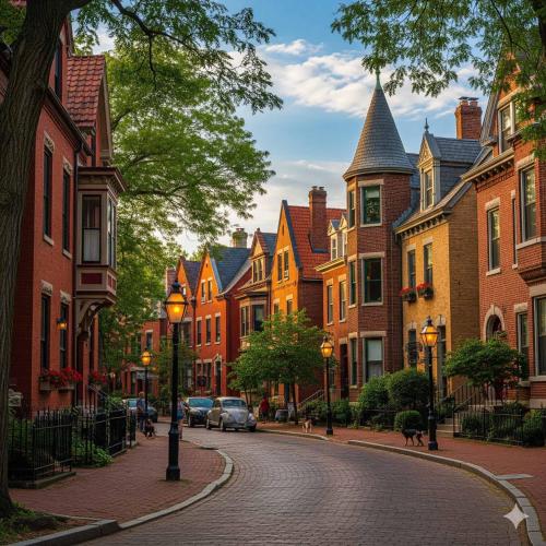 a cobblestone street in a town with buildings at The Cozy Bellows - Retreat for 4 in Columbus