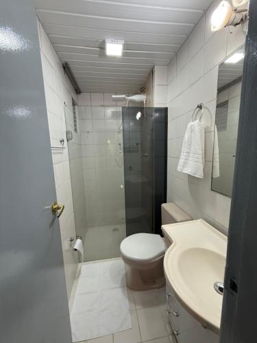 a bathroom with a shower and a toilet and a sink at Apartamento no centro in Foz do Iguaçu