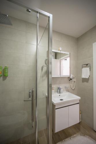 a bathroom with a glass shower and a sink at Apartman TRI KRALJA 3 in Banja Koviljača