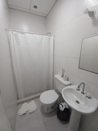 a white bathroom with a toilet and a sink at El Amanecer 16 in Charata