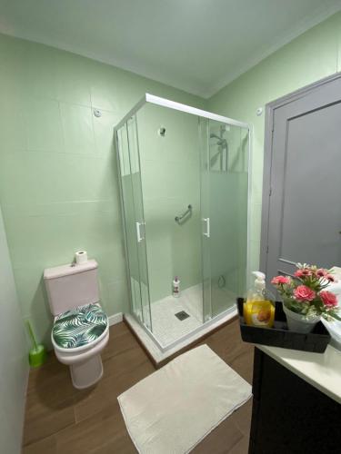 a bathroom with a glass shower and a toilet at Casa Rural Maria in Pinos Genil