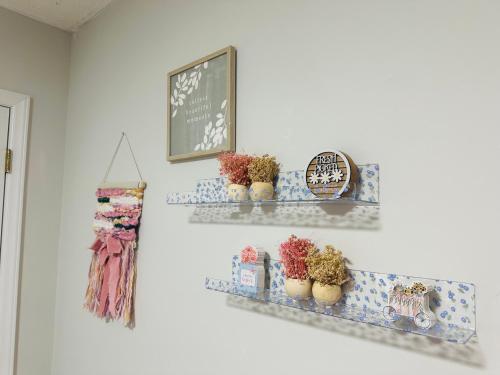 a room with two shelves with plants and a chalkboard at Bee Happy Sparta Mountain Cottage in Sparta