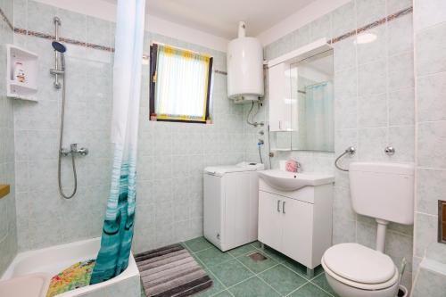 ein Bad mit einem WC, einem Waschbecken und einer Dusche in der Unterkunft Apartments with parking space Razanj, Rogoznica - 17328 in Rogoznica