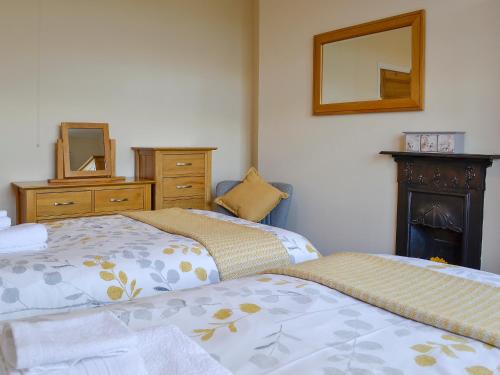 a bedroom with two beds and a dresser and a mirror at Zonnebloem in Cefn-y-bedd