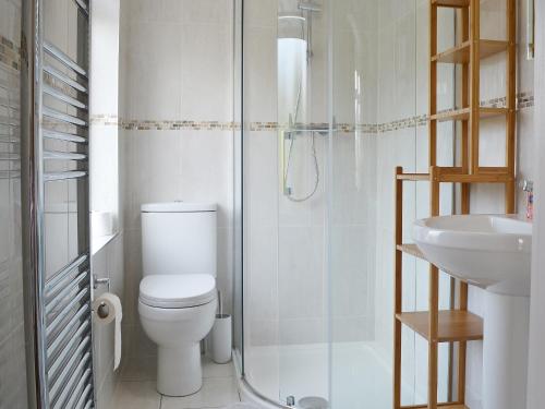 a bathroom with a toilet and a shower and a sink at Estuary View in Lympstone