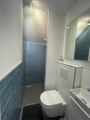 a bathroom with a toilet and a sink and a mirror at Gästezimmer alte Schneiderei in Duderstadt