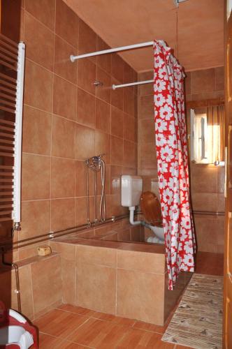 a bathroom with a bath tub with a shower curtain at Küküllő Vendégház in Sovata