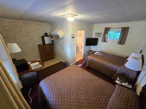a hotel room with two beds and a television at Lake View Motel in Cooperstown