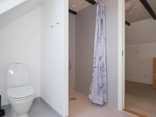 a bathroom with a toilet and a shower curtain at 20 person holiday home in Ørsted in Ørsted