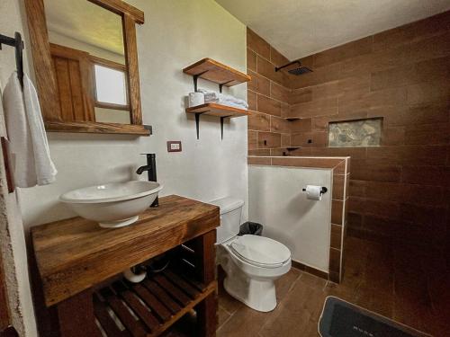 Un baño con un inodoro blanco y un lavabo. en Cabaña Xamixkali, en Zacatlán