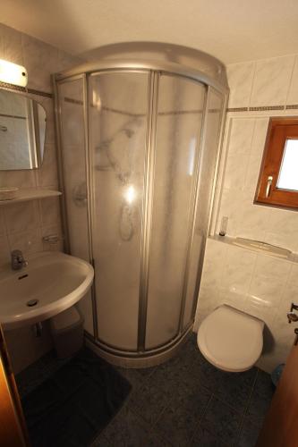 a bathroom with a shower and a toilet and a sink at Haus Helga in Kappl